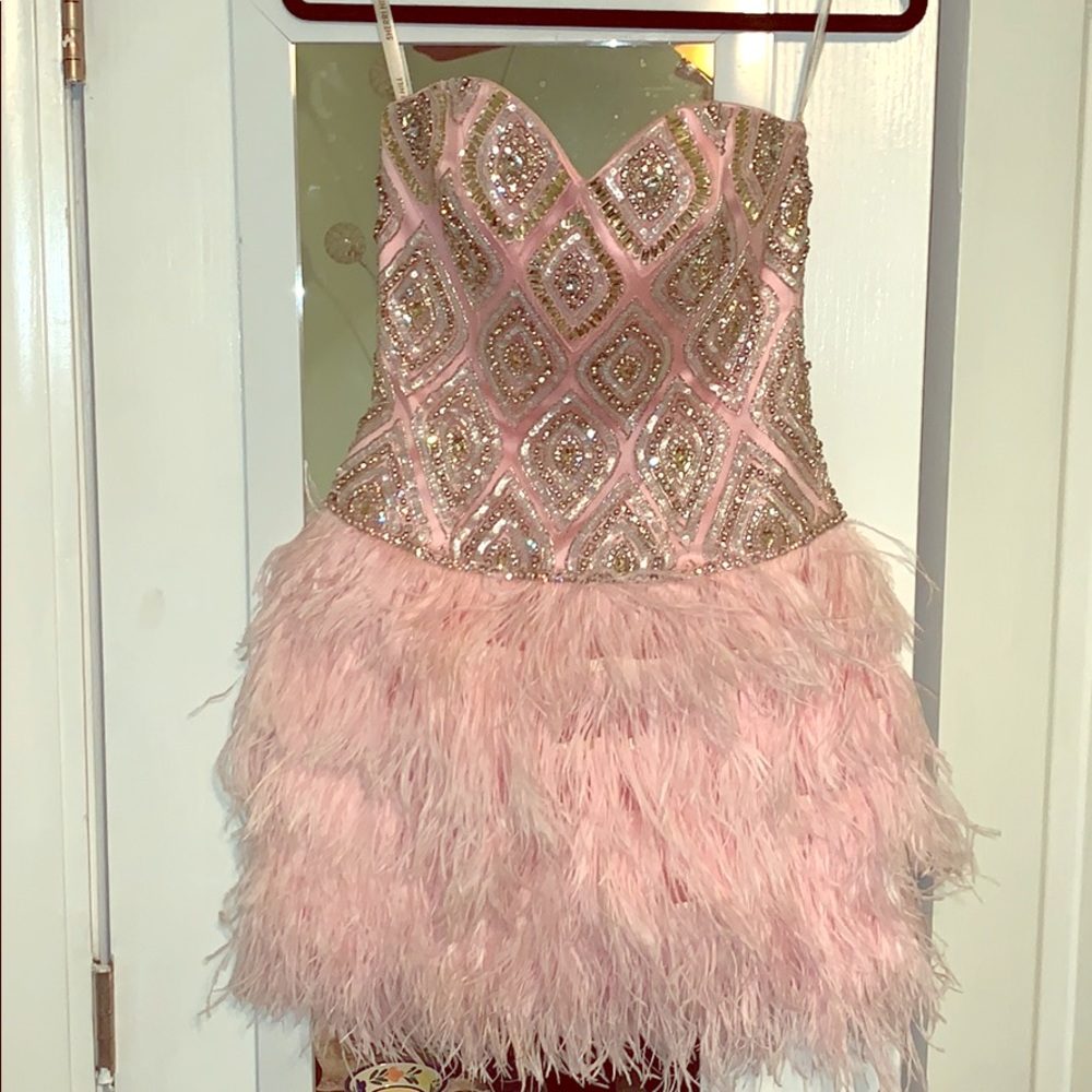 Sherri Hill pink crystal embellished feather dress